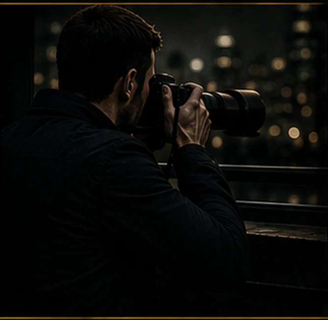 Investigator photographing a subject across the city at night