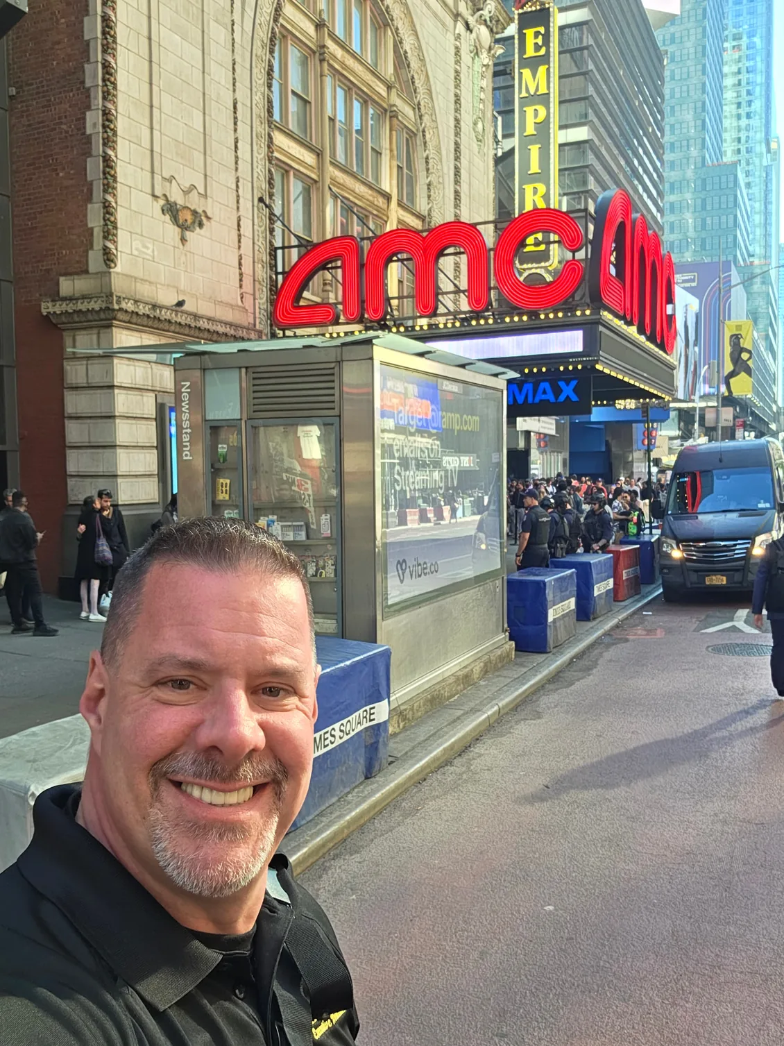 Shadow Securities protection agent working a barricaded press line at a Times Square premiere in Manhattan