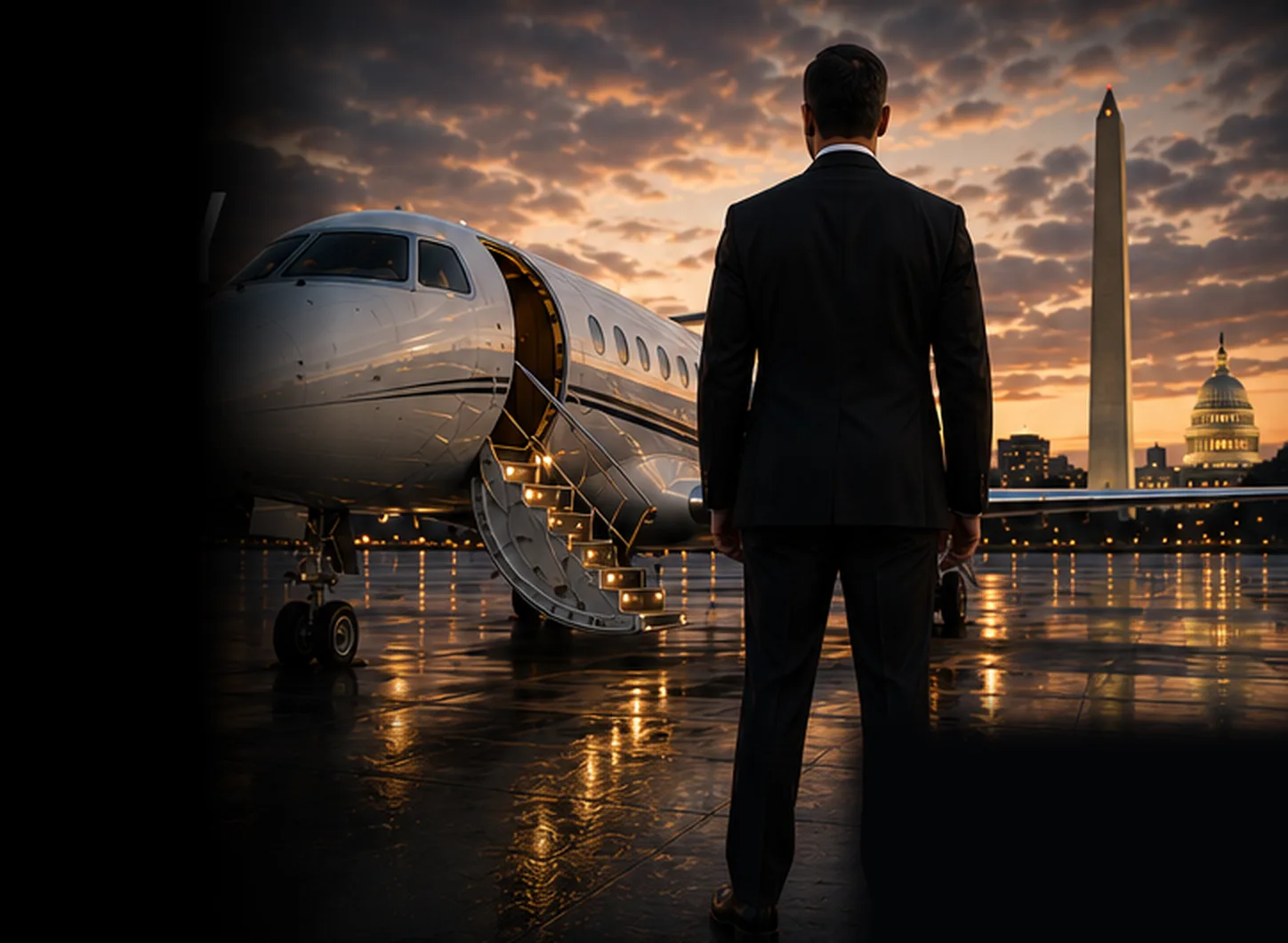 Armed security officer on the tarmac beside a private jet at Ronald Reagan Washington National Airport