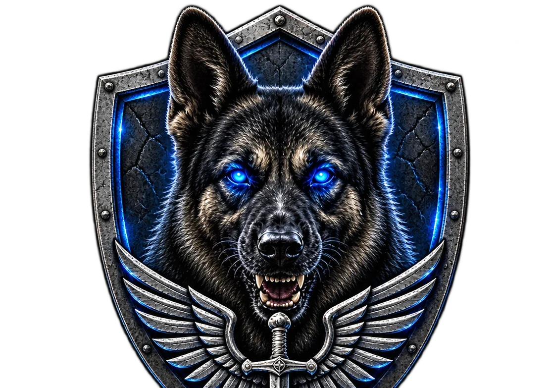Shadow Securities LLC crest: armored shield with a German shepherd, winged sword, and metallic wordmark