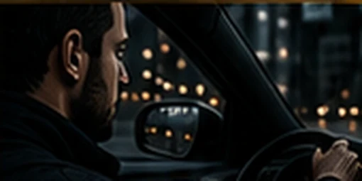 Investigator seated behind the wheel watching a city street at night