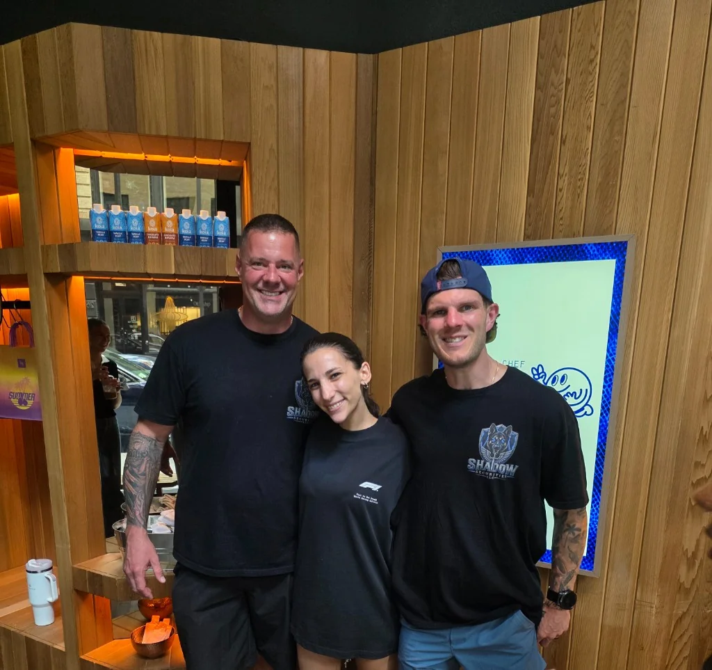 James Gonzales and a Shadow Securities protection agent with Jack and the Yes Chef team inside a Yes Chef venue in Lower Manhattan.