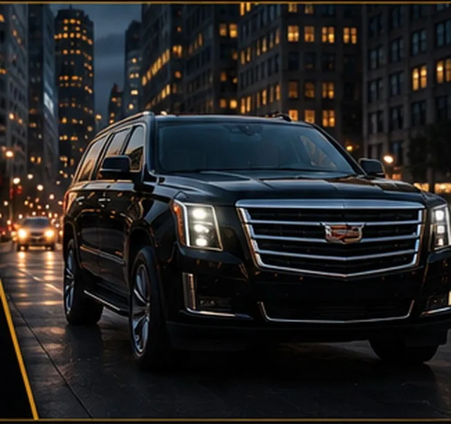 Executive protection SUV on a city street at night