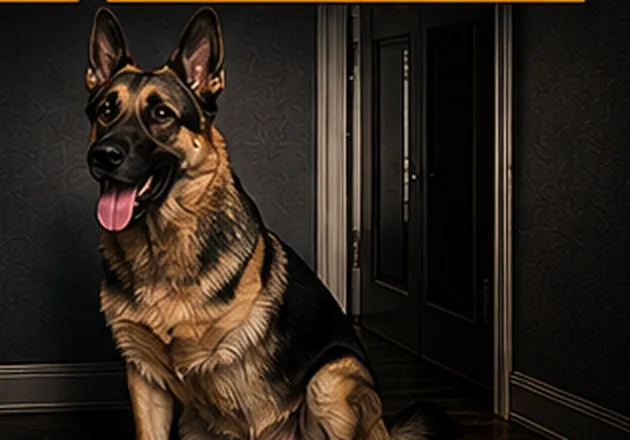 German shepherd security dog seated in a dark hallway