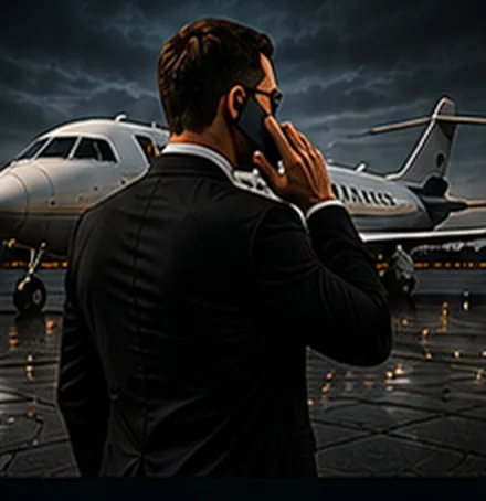 Plainclothes armed security officer in a suit on the tarmac beside a private jet