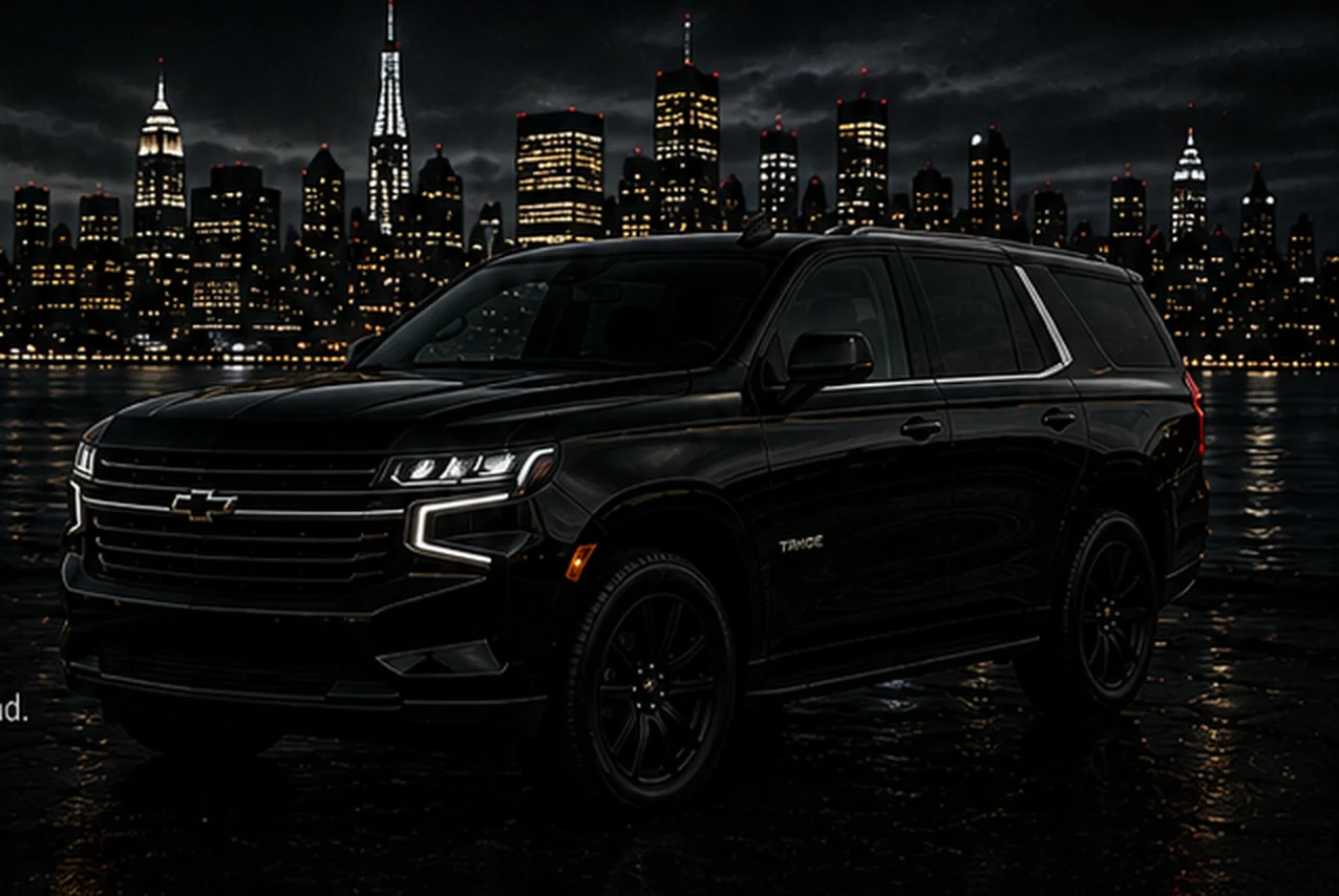 Blacked-out Chevrolet Tahoe on the waterfront against the New York night skyline