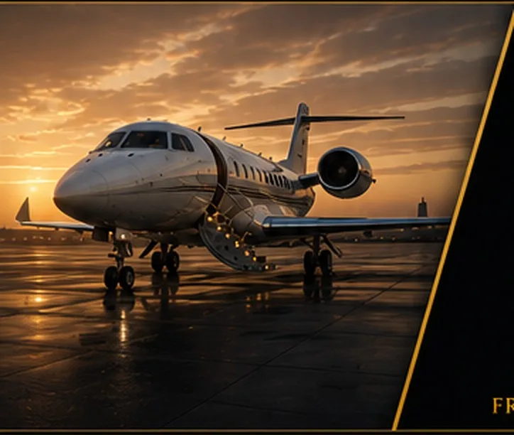 Private jet parked on the tarmac at sunset