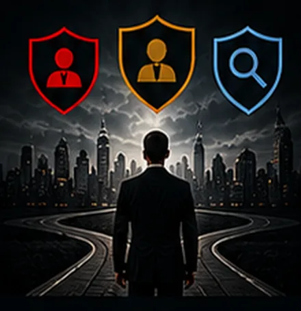 Figure in a suit facing a fork in the road beneath three security shield icons