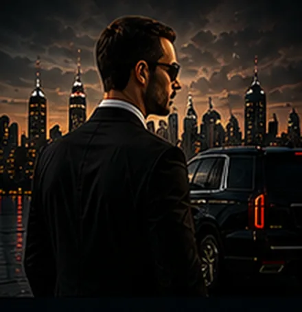 Protective agent in a dark suit standing beside a blacked-out SUV with a city skyline behind him