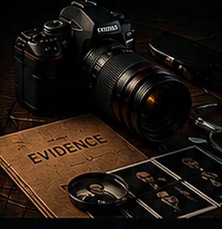 Professional camera, case file marked evidence, and photographs on a desk